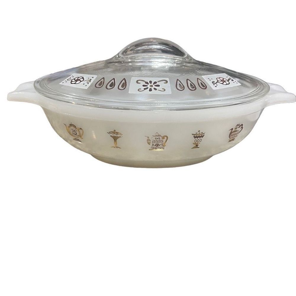 Glasbake Vintage Casserole Dish Glasbake J-2274 Quart Gold Toned Bowl With Lid *